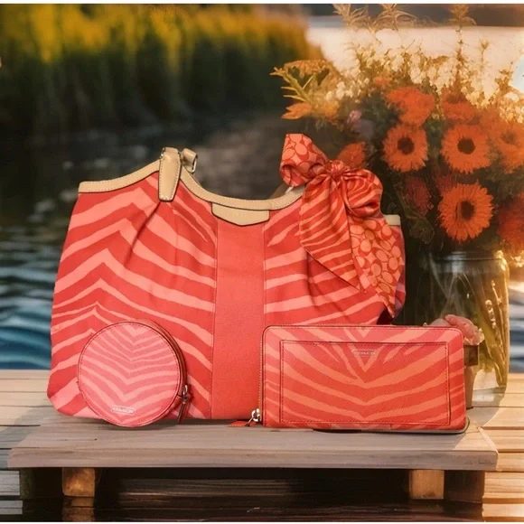 COACH Signature Devin Zebra Print Orange Coral Tote F24022 & Wallet/coin/scarf! - Picture 1 of 16